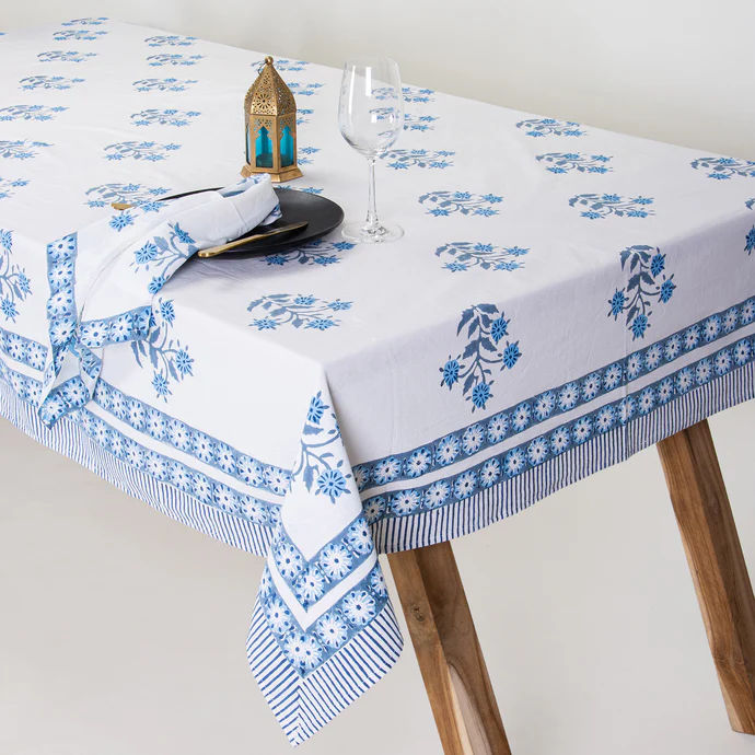 Traditional Sky Blue Boota Floral Block Print Cotton Dining Table Cover